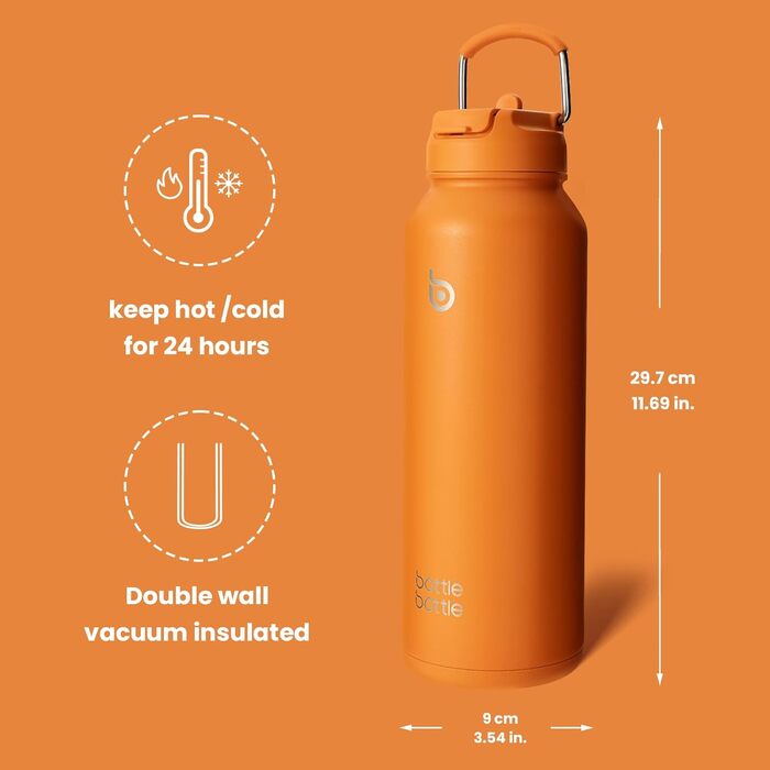 Термос-пляшка з нержавіючої сталі з трубочкою BOTTLE BOTTLE, 1 л, для спорту, з ручкою, для пігулок, біла/помаранчева
