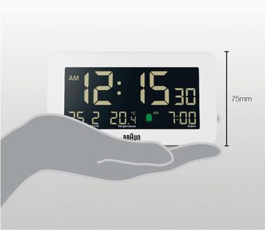 Цифровий годинник Braun BC10W з датою, місяцем і температурою, негативний LCD-дисплей, швидке налаштування та наростаючий сигнал, білий