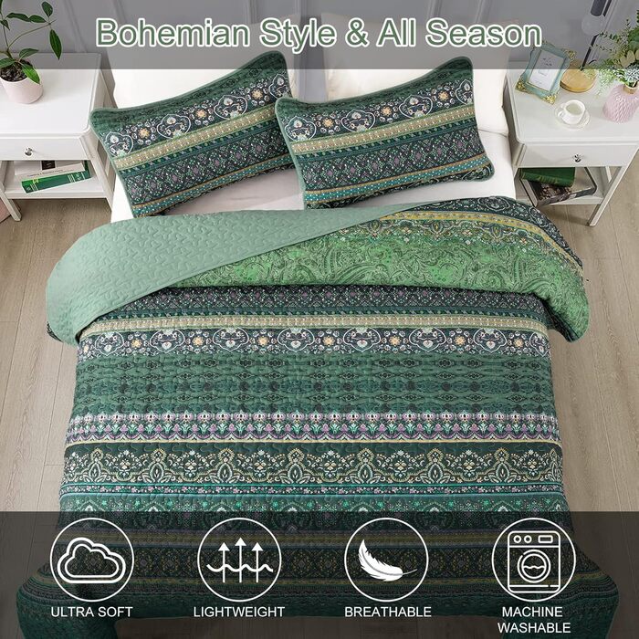 Покривало WONGS BEDDING 220x240 см, стьобане, комплект 3 шт. для двоспального ліжка, мікрофібра, у стилі бохо, темно-зелене, з 2 наволочками 50x70 см, для спальні чи дивану