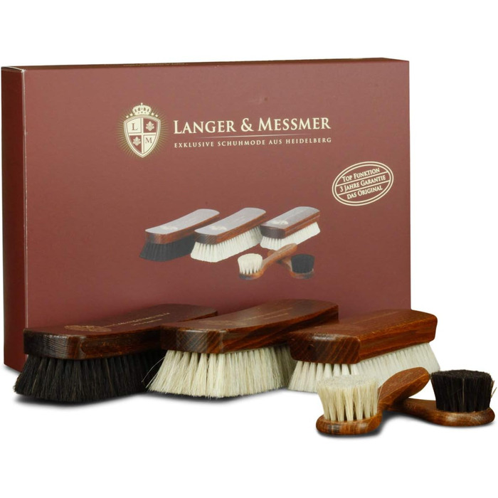 Langer & Messmer Набір щіток для взуття з кінського волосу, 5 шт. – професійна чистка та полірування шкіряного взуття, полірольна та кремова щітка