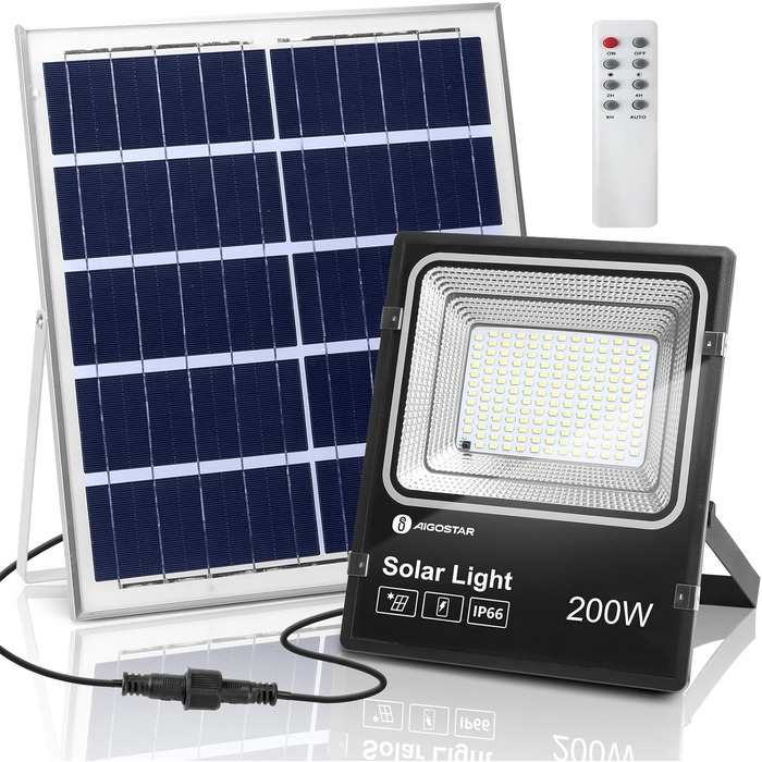 Світлодіодний прожектор Aigostar 200W із сонячною панеллю, холодне біле світло 6500K, IP66, для вулиці, саду, двору, гаража