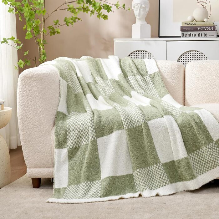 Плед Snuggle Sac в клітинку, салатовий, мікрофібра, флісовий, теплий, м'який, двосторонній, для дивана, крісла, ліжка, 127x152 см