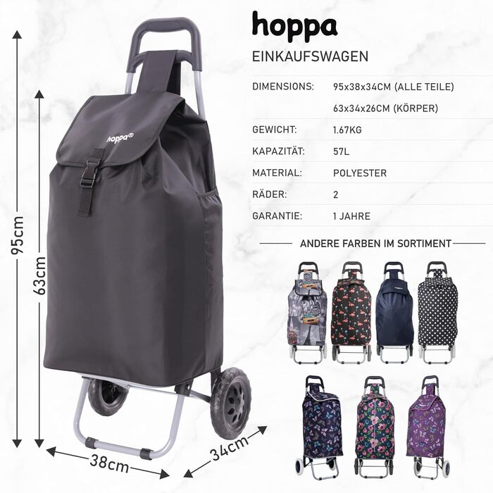 Стабільний складний шопінг-візок Hoppa 57L знімна сумка, чорний