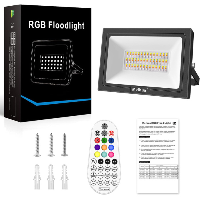 Світлодіодний RGB прожектор MEIHUA 60W з пультом, IP66, 10 кольорів, 12 режимів, таймер, для саду, ландшафту, вулиці