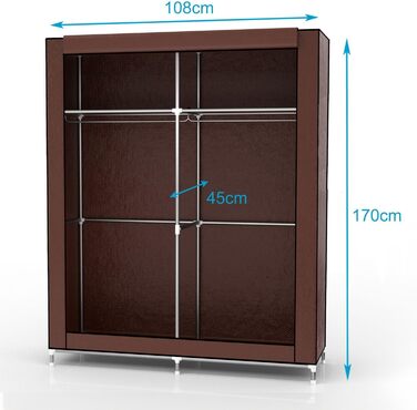 Складана шафа для одягу 108x45x170 см сіра, тканинна з металевим каркасом, блискавкою, полицями та бічною кишенею Biber Braun