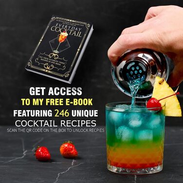 EVERYDAY COCKTAIL професійний скляний шейкер для коктейлів 400 мл, мартіні, з рецептами, прозорий барний шейкер з мірною шкалою та вбудованим ситом