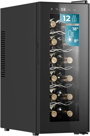 Винний шафа Cecotec Bolero GrandSommelier 830 CoolWood, термоелектрична, тиха, енергоефективна, сенсорне керування, температура 8-18°C, для 12 пляшок, чорна