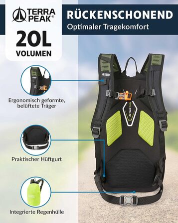 Туристичний рюкзак 20 л Active 20 Premium з вентиляцією спини, дощовиком і кріпленням для питної системи, з дихаючої 3D сітки, для походів, з поясним ременем