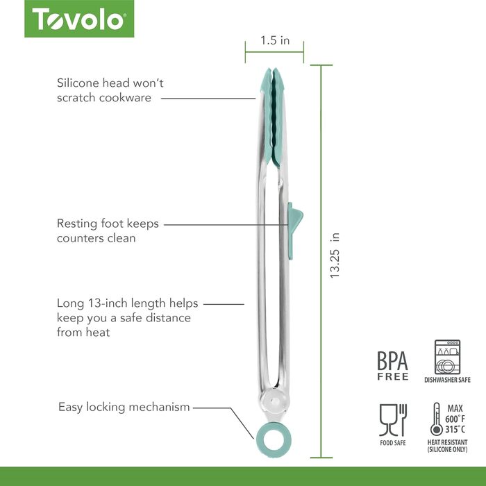 Кухонні щипці Tovolo Tip Top з силіконовими наконечниками, легке захоплення, зручний замок, термостійкі та без BPA, колір світло-бірюзовий