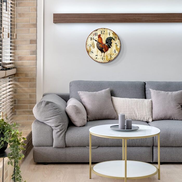 Стіна годинник VIKMARI Rustic Rooster 14 дюймів — безшумний кварцовий, на батарейці, для кухні, круглий, преміум-якість