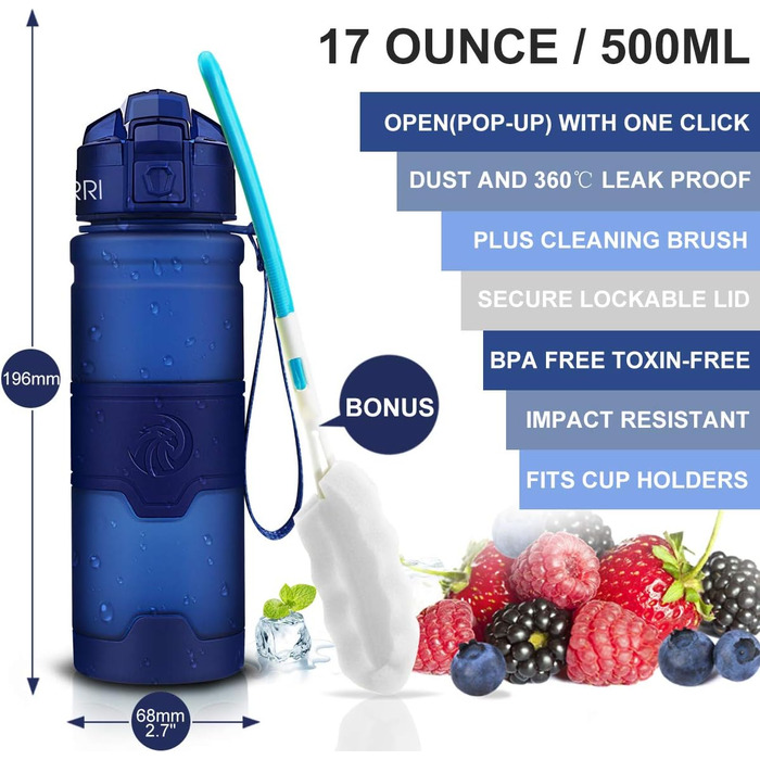 Дитяча спортивна пляшка для води ZORRI 503 мл, BPA-free, тритан, з фільтром, багаторазова, темно-синя