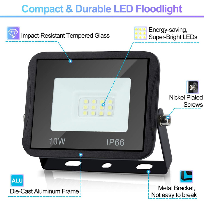 LED прожектор для вулиці 10W, 10 шт, IP66 водонепроникний, 8500Лм, холодне біле світло 6000K, кут 120°, для зовнішнього та внутрішнього використання
