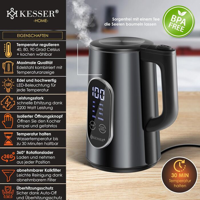 Електричний чайник KESSER 1.7 л, нержавіюча сталь, LED-дисплей, 4 температурні режими 40–100°C, підтримка тепла, 2200 Вт, BPA Free, фільтр від накипу, чорний
