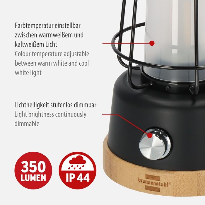 LED акумуляторний кемпінговий ліхтар Brennenstuhl CAL 1, 350 лм, IP44, до 75 годин роботи, регулювання яскравості і кольору, USB зарядка, з мотузкою з коноплі та основою з бамбука