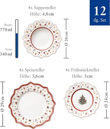 Набір новорічного посуду Villeroy & Boch Toy's Delight, 12 предметів, порцеляна, для 4 осіб (тарілки для основних страв, супу та сніданку)