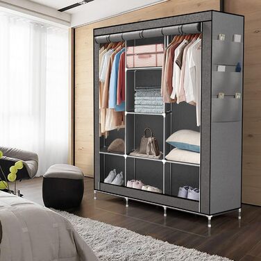 Складана текстильна шафа INTIRILIFE 130x175x45 см, сірий, з блискавкою, полицями, штангою та кишенею — шафа для одягу для дому й кемпінгу