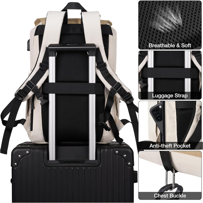Міський рюкзак YAMTION Rolltop 17 дюймів для ноутбука, універсальний для жінок і чоловіків, підходить для школи, університету, спорту, прогулянок, велосипеду, підлітків, колір кремовий