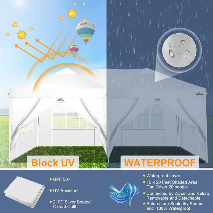 Павільйон COBIZI 3x3 м складаний, водонепроникний, зимостійкий, UV 50+, з 8 кілками, 4 вітровими мотузками, щільний тент, білий, 3x6 м, 6 стінок, для саду та вечірок