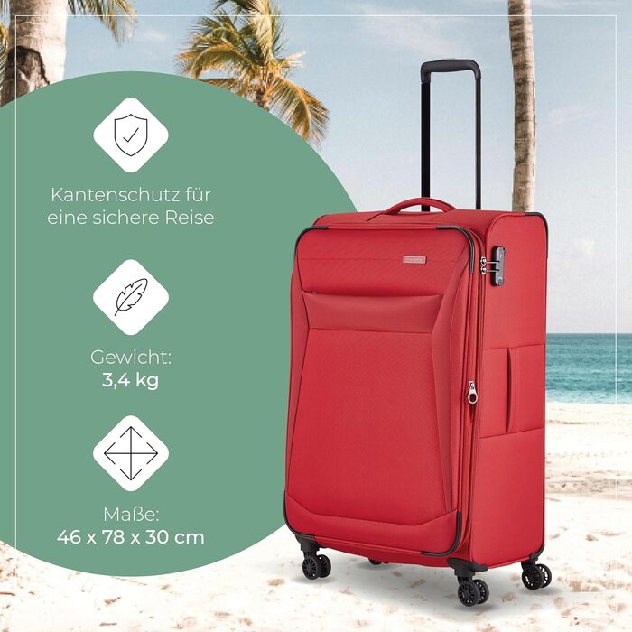 Валіза Travelite Chios L на 4 колесах, м'який корпус, з розширенням і захистом кутів, червона, 78 см, 90-97 л