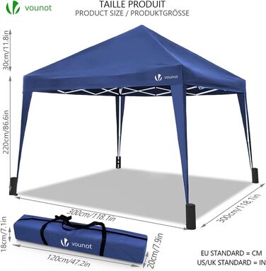 Складаний павільйон VOUNOT 3x3 м з 4 мішками для піску, Pop Up, UV-захист 50+, синій
