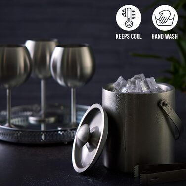 Двошаровий відерце для льоду Oak & Steel з нержавіючої сталі 2 л з кришкою та щипцями, набір із 3 штук — стильний та міцний льодовий контейнер для кубиків льоду
