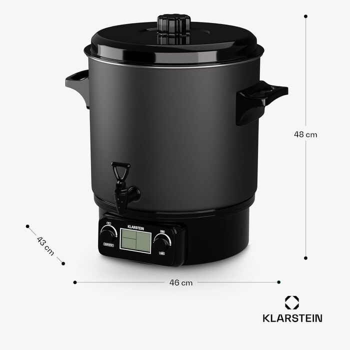 Електричний стерилізатор Klarstein Biggie Small, 27 л, 2000 Вт, цифровий, регульована температура, таймер 120 хв, для консервування, глінтвейну, матовий чорний