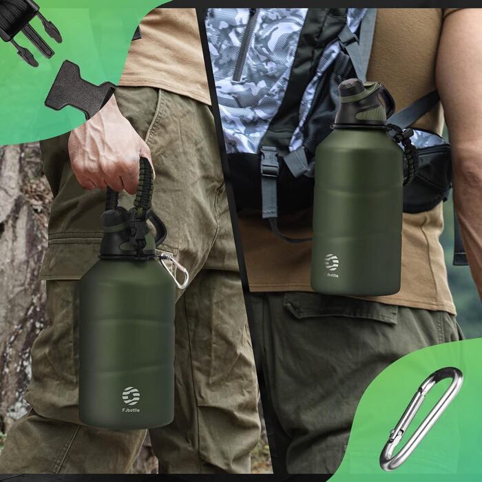 Термобутилка з нержавіючої сталі Fjbottle 1900 мл, магнітна кришка, без BPA, подвійні стінки, для газованої води, спортивна фляга для університету, фітнесу, кемпінгу, активного відпочинку, зелена