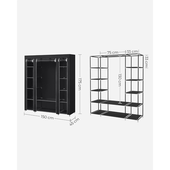 Тканинна шафа SONGMICS з полицями та вішалкою, чорна, 150x45x175 см, для спальні та гардеробної