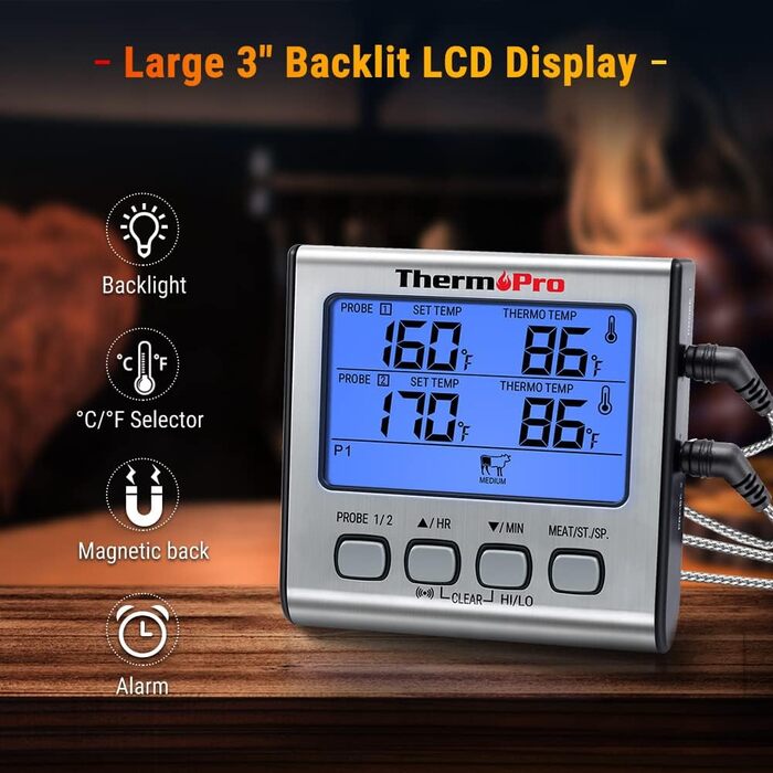 Цифровий термометр для гриля та м'яса ThermoPro TP17 з двома нержавіючими зондами, синім підсвічуванням, діапазон температур до 300°C