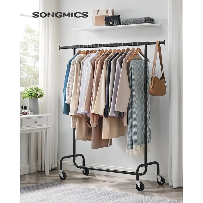 Вішак на колесах SONGMICS, металевий, розсувний, до 110 кг, 45 x (160-200) x 162,9 см, матовий чорний