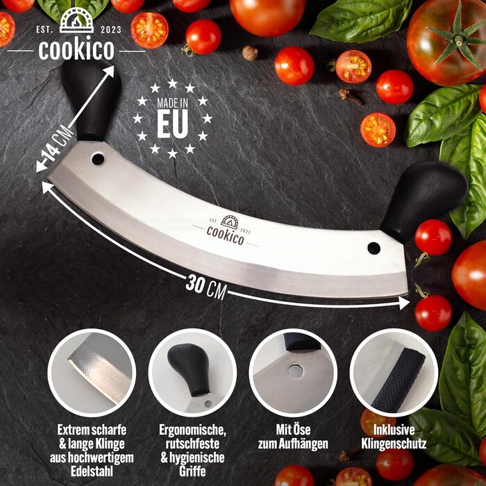 Професійний ніж для піци Cookico 30 см з ергономічними ручками та захистом леза – кухонний роликовий ніж з гострим лезом з нержавіючої сталі для піци, зелені та інших продуктів
