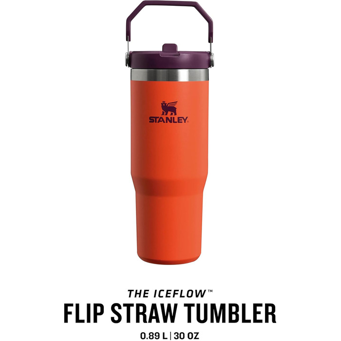 Термос-кружка Stanley Flip Straw 0.89 л з трубочкою, спортивна пляшка з нержавіючої сталі, BPA Free, зберігає холод 12+ годин, для води та напоїв, миється в посудомийній машині, Tigerlily Plum