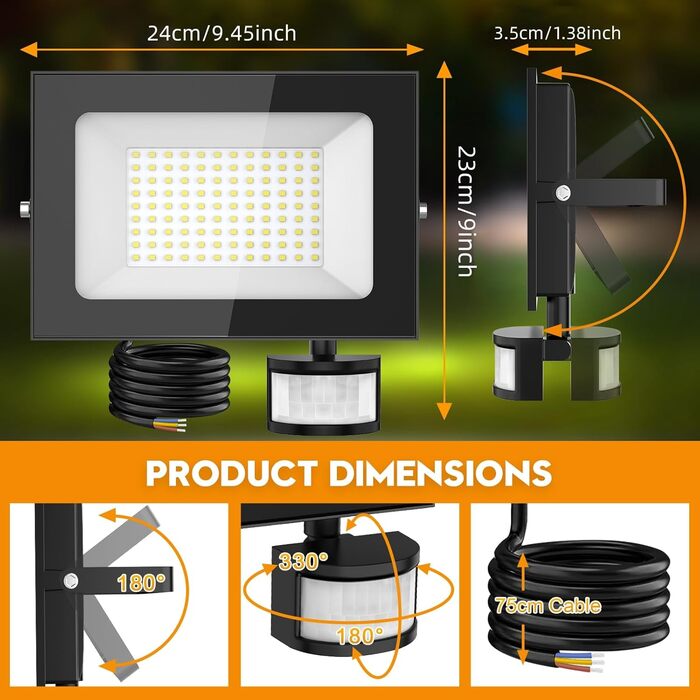 LED прожектор з датчиком руху та світла Papasbox, 100W, IP66, 6500K, з пультом, для вулиці, саду, гаража, спортмайданчика