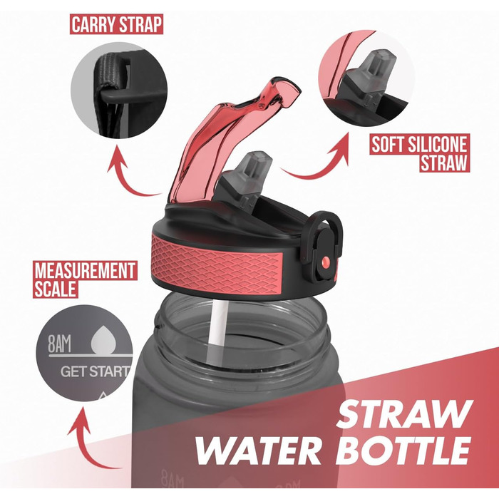 Пляшка для води 1 л BPA Free із соломинкою та часовими мітками, для велосипеда, спорту, школи та активного відпочинку, підходить для газованих напоїв, сіра та червона