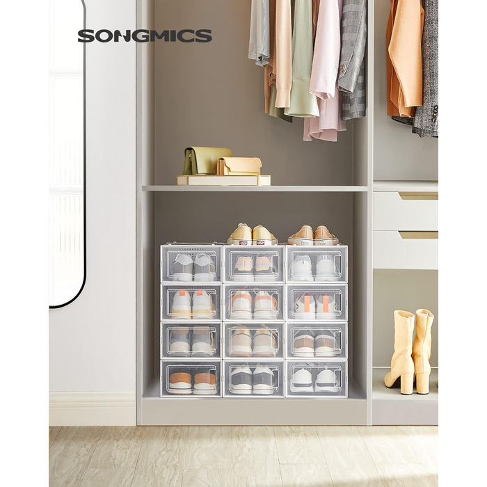 SONGMICS Прозорі пластикові коробки для взуття, набір 12 шт., складані та штабельовані, для взуття до 44 розміру, біло-прозорі