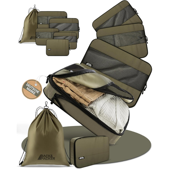 Набір органайзерів для валізи BACK&PACKER, 6 шт, з компресією, з переробленого матеріалу, оливковий, пакувальні куби та мішок для мокрого одягу