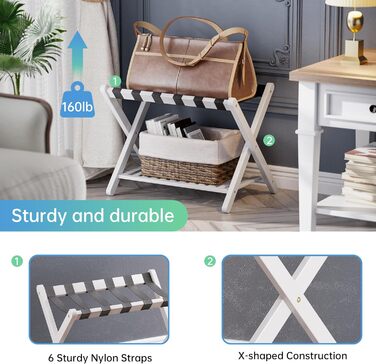 Стійка для валіз SMIBUY з бамбука, складана, з полицями, для готелів, спальні, гостьових кімнат, посилена, біла