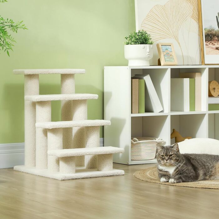 Сходи для котів і собак PawHut, 4 ступені, кремові, 63,5x43x60 см