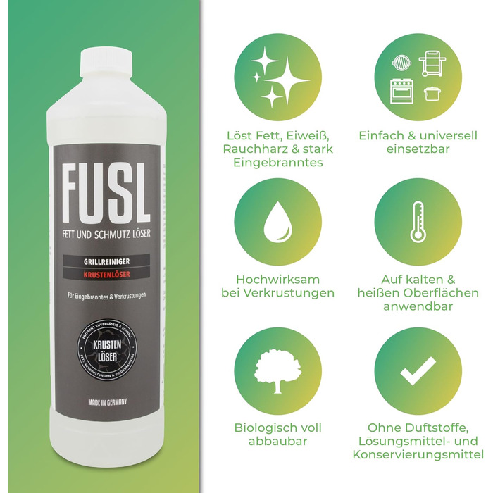 Набір для очищення гриля FUSL FOAMSTER: піна, 1 л знежирювача, біорозкладний, для газових грилів, коптильні та решіток, вироблено в Німеччині