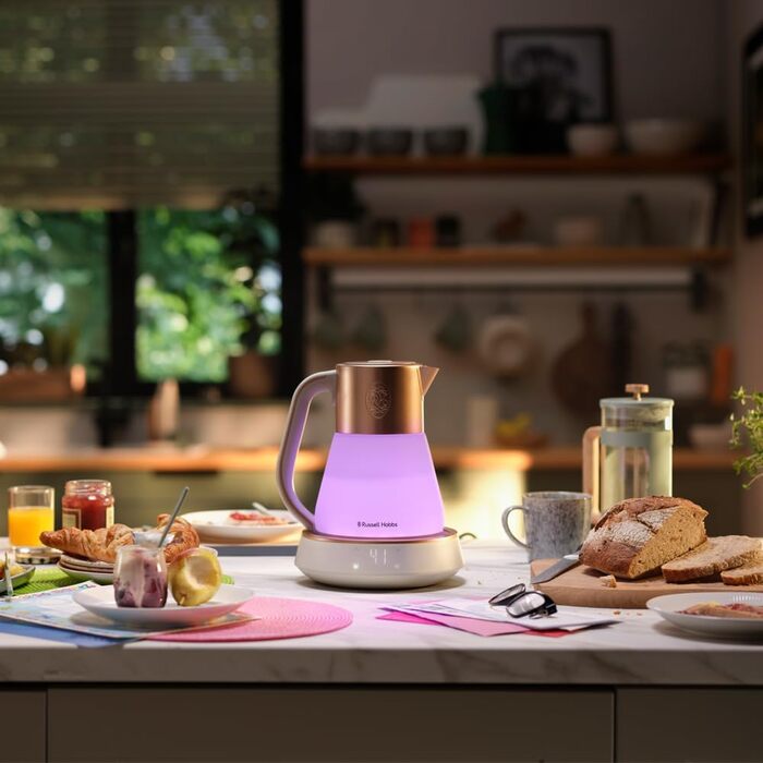 Електричний чайник Russell Hobbs зі скла 1,7 л з регулюванням температури 40-100°C, LED-підсвіткою, тихою технологією кип'ятіння, функцією підтримки тепла, цифровим дисплеєм, сенсорним управлінням, 2400 Вт, модель Calm 27450-70
