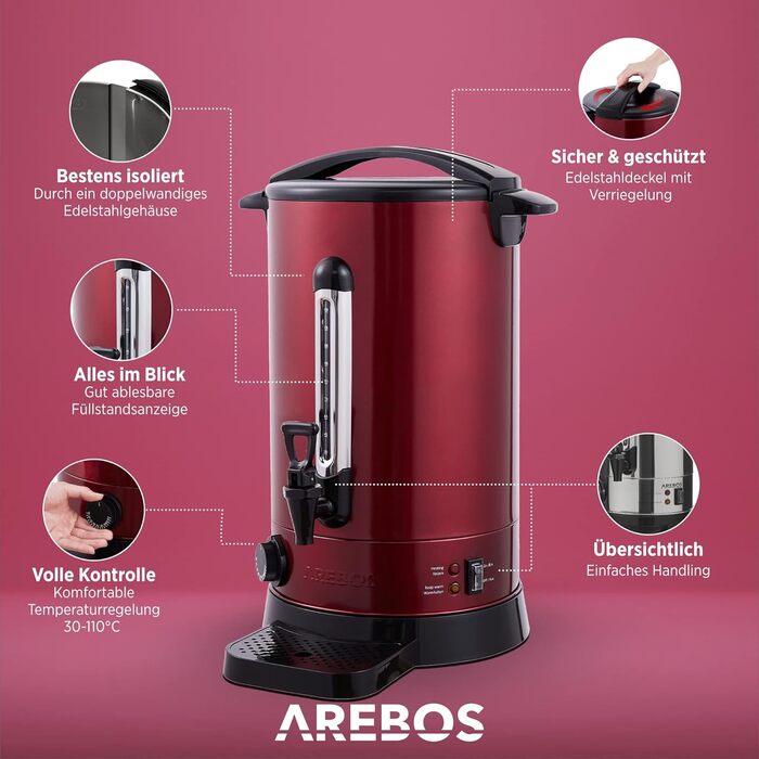 Електричний диспенсер для глінтвейну Arebos 20 л, 1650 Вт, з піддоном, краном, термостатом і захистом від перегріву, регулювання температури 30-110°C, червоний