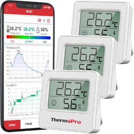Цифровий гігрометр ThermoPro TP357-3 (3 шт), Bluetooth, 80 м, термометр для кімнати, додаток, індикатор вологості зі смайликом, для офісу, винного погребу, теплиці