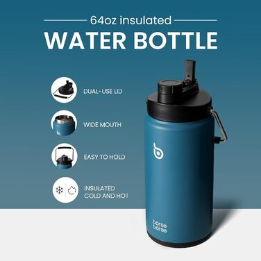 Термос-пляшка з нержавіючої сталі 1,8 л BOTTLE BOTTLE, ізольована, з трубочкою, кришкою, ручкою та відділенням для пігулок, BPA-free, для спорту, фітнесу, туризму, темно-синя