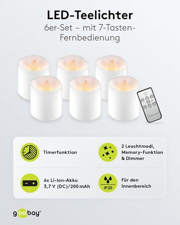 Набір 6 світлодіодних LED чайних свічок Goobay 64603, акумуляторні, з таймером, USB зарядка, пластикові, білі