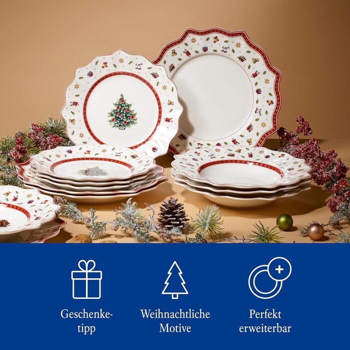 Набір новорічного посуду Villeroy & Boch Toy's Delight, 12 предметів, порцеляна, для 4 осіб (тарілки для основних страв, супу та сніданку)