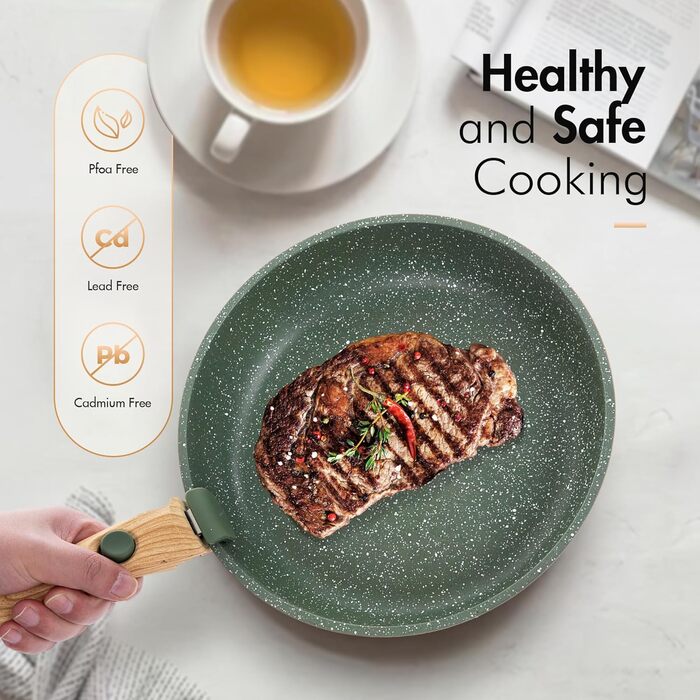 Набір каструль і сковорідок Kitchen Academy 10 предметів з мармуровим антипригарним покриттям, скляними кришками, для індукції, зелений колір