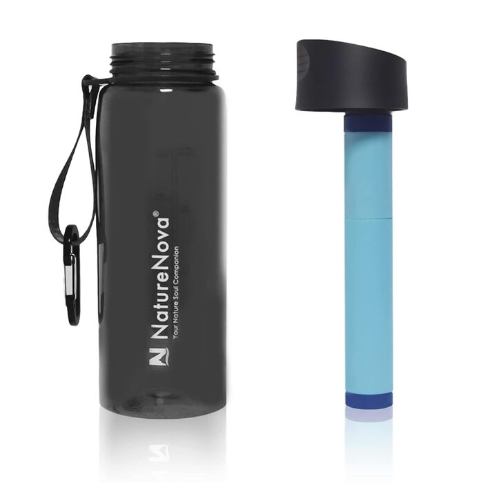 Фільтрована пляшка для води Naturenova 650 мл, 4-ступінчастий інтегрований фільтр, BPA-free, для кемпінгу, туризму, подорожей, чорна