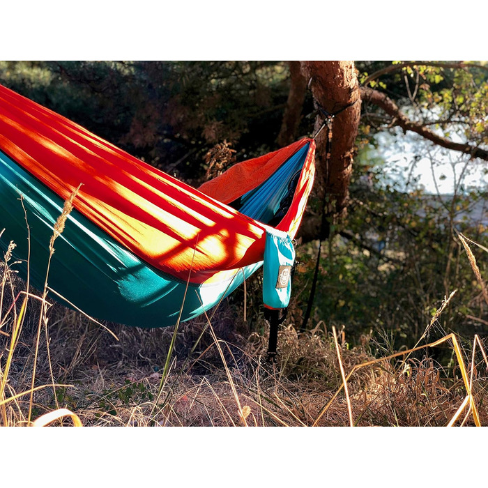 Ультралегка гамак з карабінами та ременями, до 220 кг, 275x140 см, для кемпінгу, туризму, подорожей, бірюзово-оранжевий
