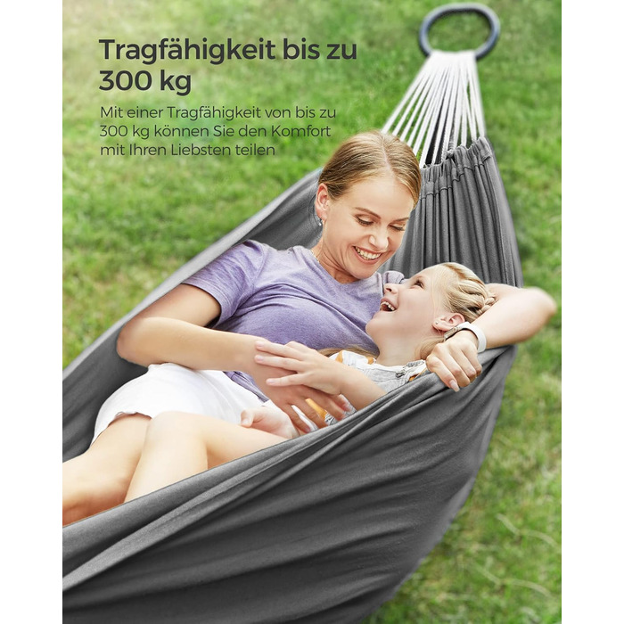 Двомісний гамак SONGMICS 210x150 см, до 300 кг, з чохлом, ременями та карабінами, для тераси, балкона, саду, кемпінгу, сірий