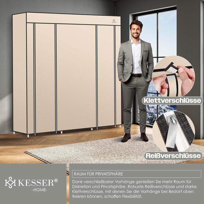 Тканинна шафа для одягу KESSER, з полицями та штангою, 150x45x175 см, бежевий, для спальні та гардеробу, з 5 вішалками